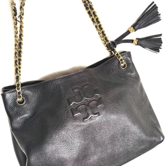Tory Burch Thea Chain Slouchy Shoulder Bag $495 black/gold logo tassels divided - Picture 4 of 14